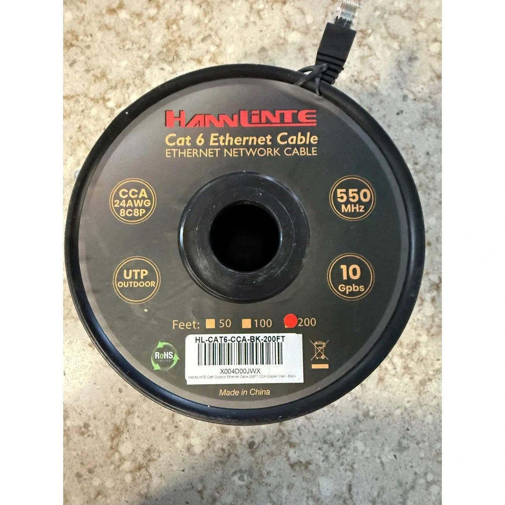 HANNLINTE Cat 6 Outdoor Ethernet Cable 200FT Black 24AWG 550MHz HL-CAT6-CCA-BK‎